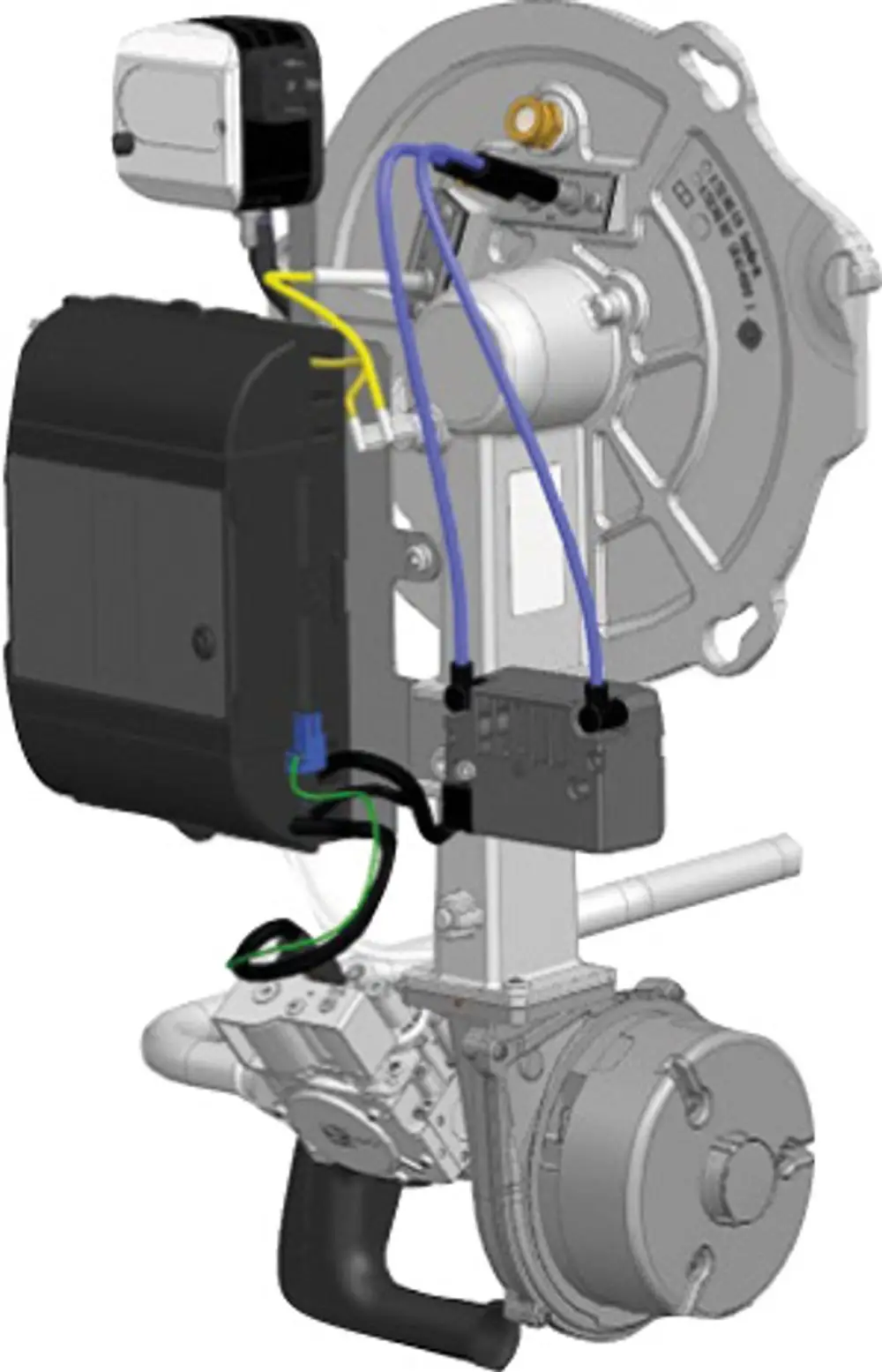 Bosch Umrüstset mit verschiedenen Komponenten, darunter Motor, Kabel und Steuergerät, für den Gasbetrieb eines Heizsystems.